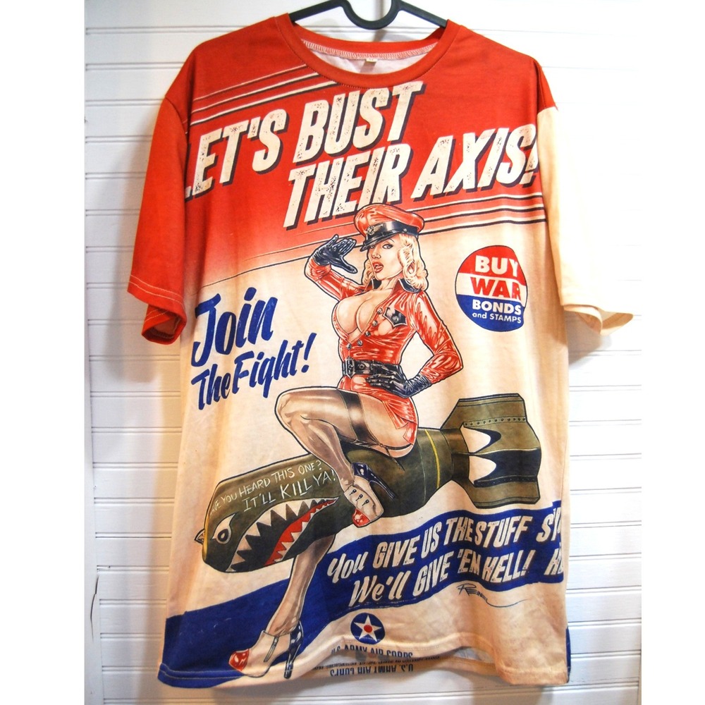 Military AOP shirt medium Pinup "Let's Bust Their Axis!" Retro War time tee